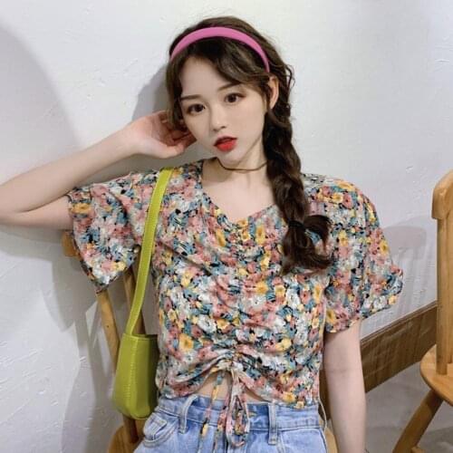 Women Chiffon Vintage Floral Drawstring V Neck Crop Top Short Sleeve T-shirt