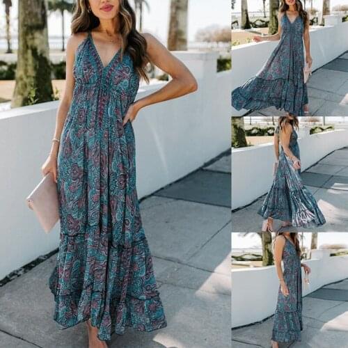 Women Print Backless Maxi Dress Sleeveless V Neck Long Sexy Bohemian Dress Spaghetti Strap Vintage Beach Dresses