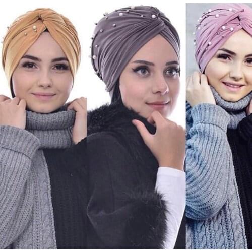 2021 New Fashion Woman Turban Hat Muslim Headdress Wrap Head Scarf Hijab Caps Turbante Imitation Pearls Beaded Tied Knot Soft