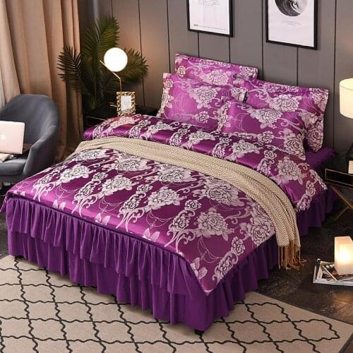 4Pcs Satin Jacquard Quilting luxury lace bedding sets queen king size duvet cover set bed skirt set pillowcase bedclothes