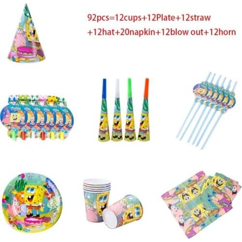 90+pcs For Home Kids Boys girl Favors Gifts Happy Birthday Party Supplies Tablecloth Napkins Paper Sponge-Bob Party Decorations