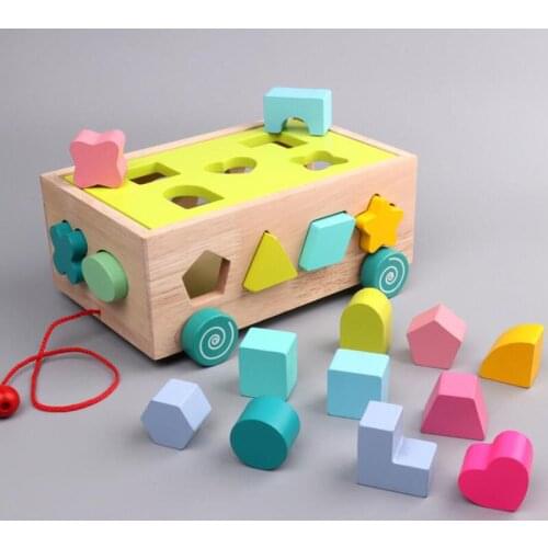 Childrens Early Education Juguetes Wooden Geometric Shape Seventeen Holes Paired Trailer Building Blocks Toy Color Cognition