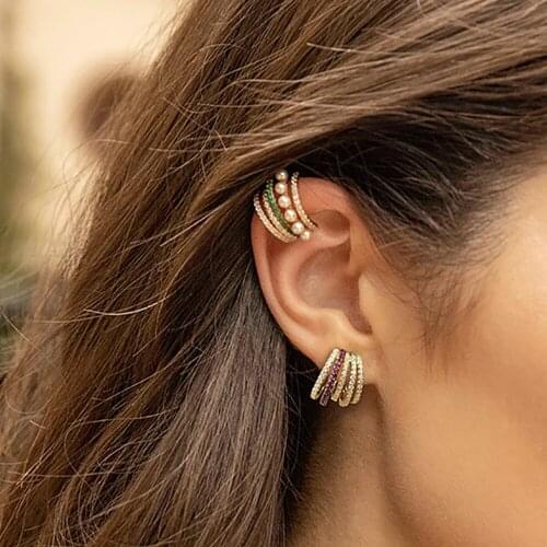 Itenice Women Bohemian Ethnic Style Pearl Gold Ear Bone Clip Earrings C-shaped Rhinestone Earrings Jewelry
