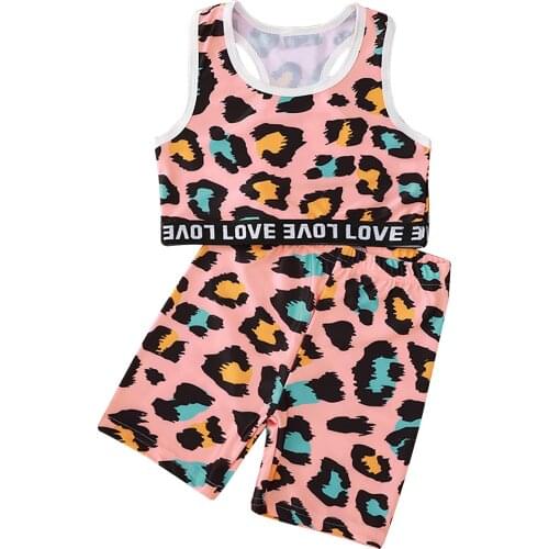 2021 Summer Suit for Girls Summer Sport Set Sleeveless Vest Top with Elastic Waistband Shorts Leopard Print Children Tracksuit