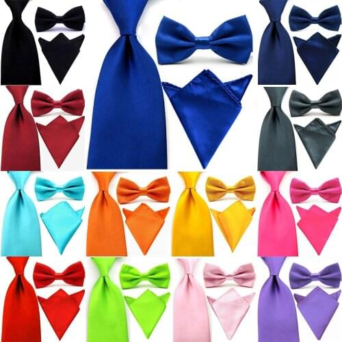 Men Satin Solid Plain Bowtie Wide Necktie Pocket Square Set Tie Handkerchief Lot BWSET0504