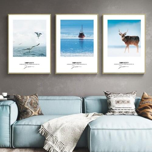 Blue Sea Deer Sesgulls Wall Poster Winter Sea Landscape Canvas Print Nordic Painting Art Living Room Kitchen Decoration Picture