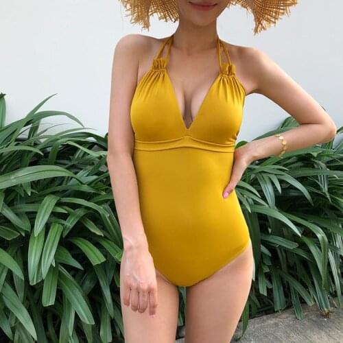 2021 New Korean Women One Piece Swimsuit Solid High Waist Deep V Swimwear Monokini Sexy Summer Beach Swimming Wear