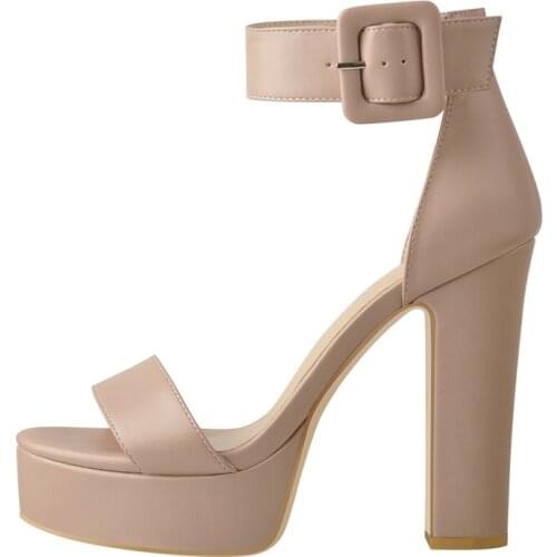 Onlymaker Women New Fashion Flesh Pink Sandals Round Open Toe Platform Cross Ankle Strap Chunky Square Heels Shoes Size US5-15