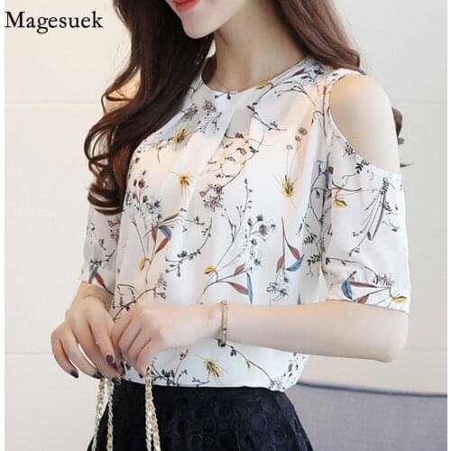 Plus Size Print Floral Chiffon Shirt For Womens New Blusas Open Shoulder Blouses Women Elegant Female Tops Clothing 825C 30