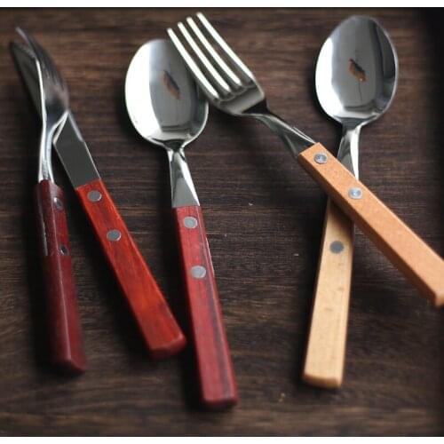 Wood Handle Stainless Steel Flatware Japanese Tableware Cutlery Dining Table Set Dinner Set Spoons and Forks Sets