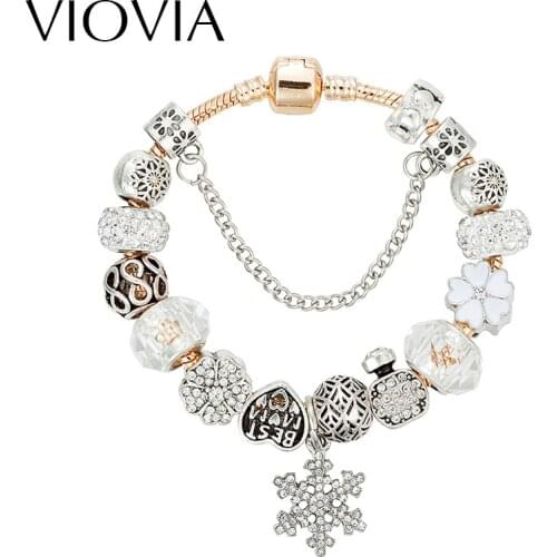VIOVIA Christmas Gift Snowflake Charm Bracelet For Women DIY Crystal Beads fit Bracelets & Bangles Jewelry B16135
