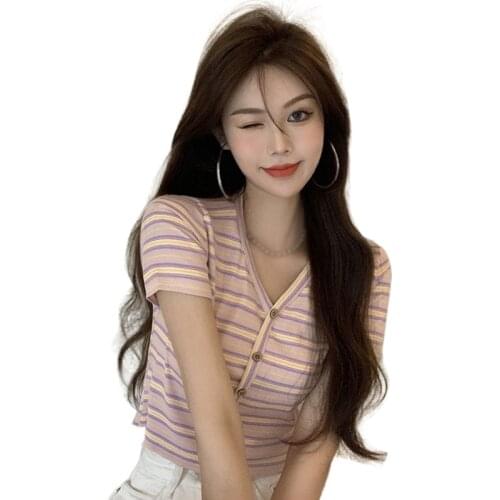 Women Fashion V Neck Tshirt Striped Sweet Slim Exposed Navel Knitted Short-Sleeved Cardigan Tee Tops