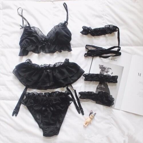 Womens Sexy Black & White Chiffon Lingerie Set Lolita Ruffle Underwear Panties Bondage kawaii Nightwear costume sex toy kit