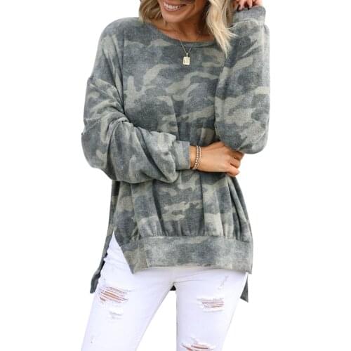 Gray High-low Edge Camo Print Sweatshirt Women O Neck Long Sleeve Autumn Spring Plus Size S-2XL Sweatshirt Tops