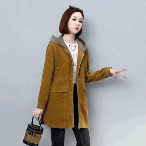 Plus Size Womens Trench Coat New 2020 Spring Autumn Coat Mid-length Corduroy Casual Hooded Windbreaker Outerwear Solid Color
