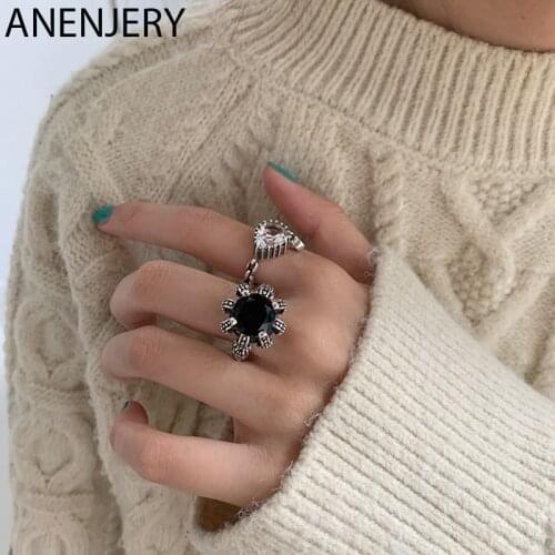 ANENJERY 925 Sterling Silver Water Drop Shaped Rings for Women Black Zircon Thai Silver Rings Jewelry S-R985