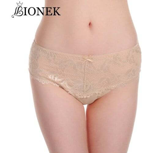 BIONEK Ladies Lace Sexy Underwear Bow Bikini Panties Woman Seamless Thongs Lingerie Mid-Waist Sexy Transparent Underpants Female