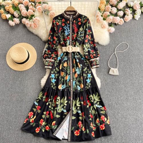 Womens Spring Summer Runway Fashion Long Sleeve Vintage Print Dress Female High Waist Belt ChicTravel Beach Party Dress TB1911