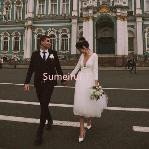 2021 Short Wedding Dress Sexy Deep V Neck A Line 3/4 Long Sleeves Buttons Back Tea Length Outdoor Bridal Vestido De Novia