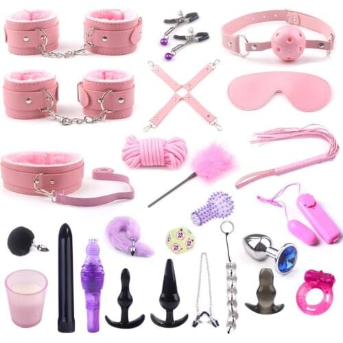 25Pcs Bdsm Bondage Set with Leather Handcuffs Anal Beads Tail Plug and Penis Vibrator Rings for Adults Games Sex Party Products