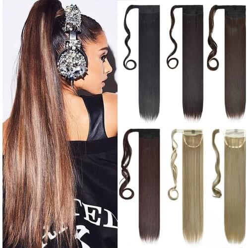Kong&Li 22inch Long straight Real Natural Ponytail Clip in Pony tail Hair Extensions Wrap Around on Synthetic Hair Piece