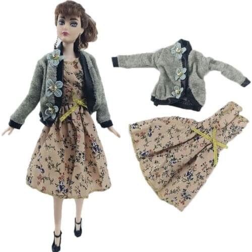 Elegant Gray Coat Countryside Floral Dress For Barbie Doll Outfits Handmade Clothes for 1/6 BJD Doll Accessories