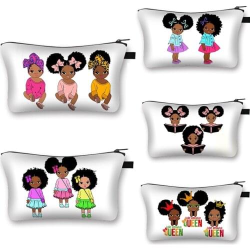 Cute Black Girl Cartoon Cosmetic Bag African Girl Cosmetic Case Lipstick Bag Travel Storage Bags Wash Bag