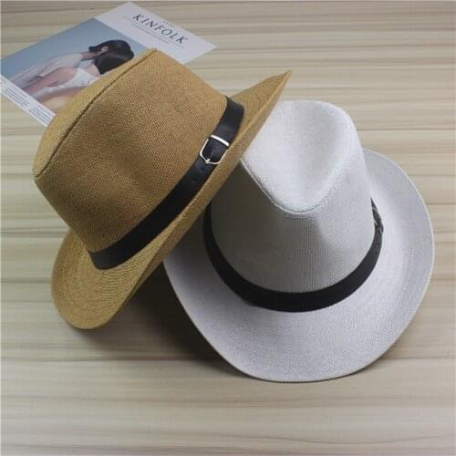 Fashion Panama Jazz Hat Summer Sun Hats for Women Man Beach Paper Straw Hat for Men UV Protection Cap chapeau With Button Belt