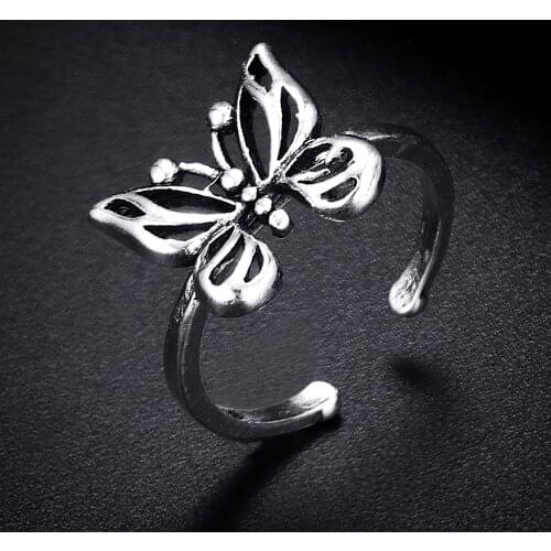 Trendy Vintage Butterfly Antique Silver Plated Punk Hiphop Rock Style Resizable Rings for Women Girl & Man Retro Party Jewelry