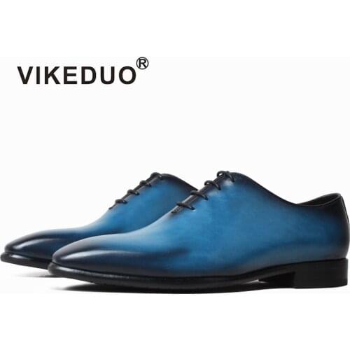 VIKEDUO Mens Oxfords Shoes Genuine Leather Formal Dress Shoe Wedding Office Business Blue Footwear Male Patina Zapato de Hombre