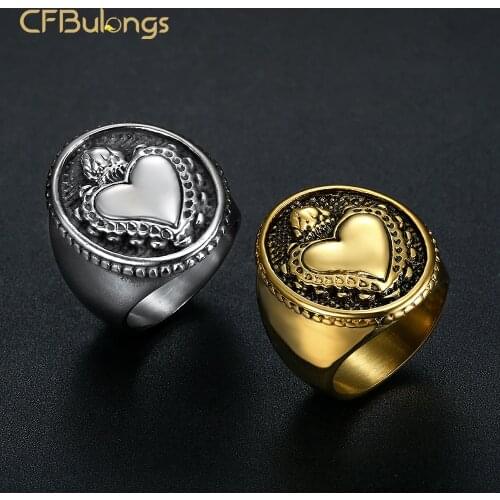 CFBulongs Cool Gold Retro Crown Heart Charm Mens Ring 316L Stainless Steel Fashion Jewelry Cycling Ring