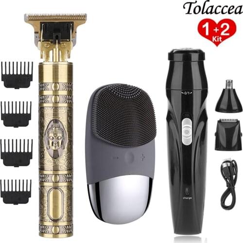 Hair Trimmer For Men Electric Hair Clippers Beard Trimmer +3 in1Ear Nose Trimmer Beard Shaver+Silicone Facial Cleansing Brush
