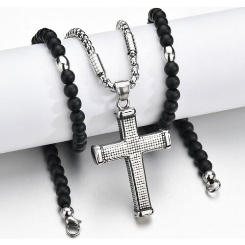 Christian Lucky Cross Pendant Necklace Stainless Steel Black Beads Chain Necklace Religious Jewelry For Men