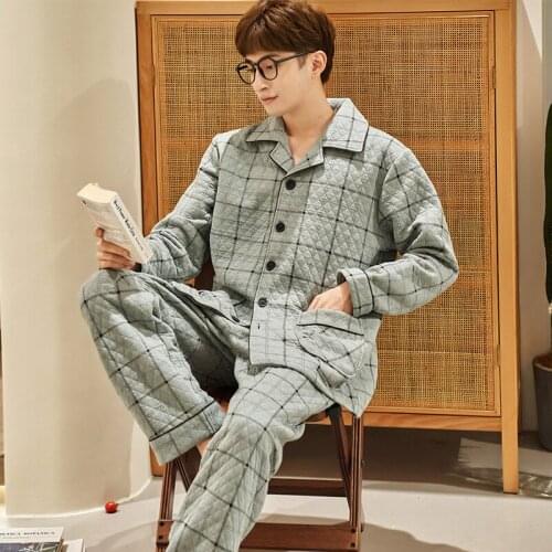 Winter Thick Warm Men Clip Cotton Pajamas Set Striped Long Sleeve Turn-down Collar Mens Sleepwear Loose Plus Size 3XL Nightwear