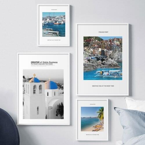 Nordic Style Seaside Beach Boat Landscape Poster Fishing Port Wall Art Canvas Painting Print Picture for Living Room Home Decor
