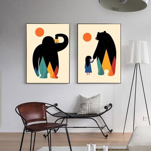 Nordic Poster Cartoon Bear Gorilla Canva Painting Girl Wall Art Print Warm Modern Picture For Living Room On The Wall Home Decor