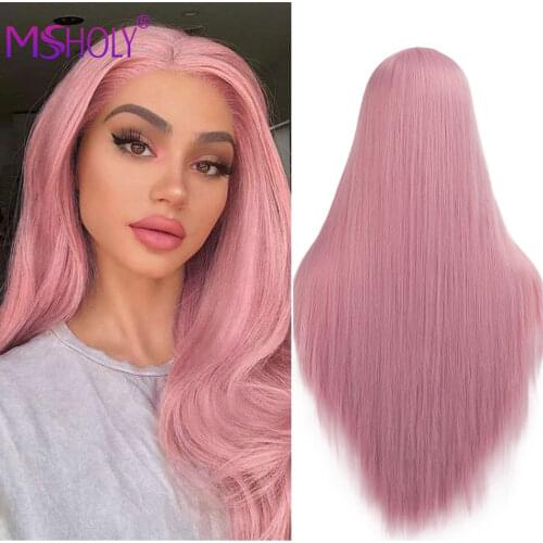 Pink Long Straight Wig Synthetic Ombre Hair Wigs For Women Black White Pink Purple Blue Red Blonde Cosplay Wig Msholy