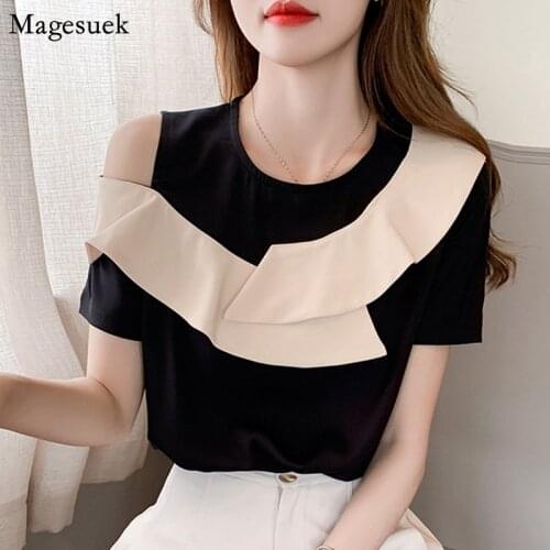Off Shoulder Chiffon Blouse Summer Blusas Mujer De Moda 2021 Short Sleeve Woman Shirt Sweet Ruffles Tops Female Clothing 15221