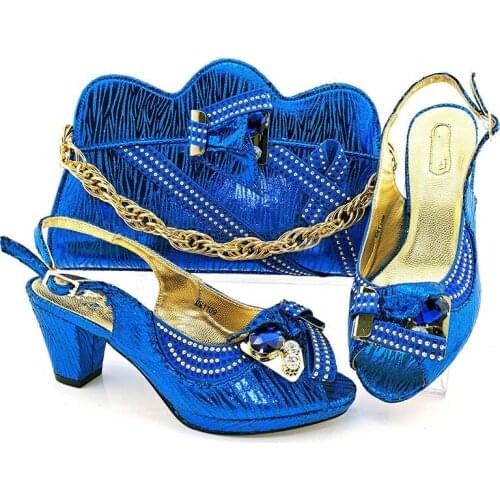 Wonderful Royal Blue Heel 7.5CM Women Pumps Match Bag With Rhinestone Decoration African Shoes And Handbag Set MM1109