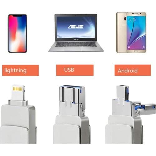 USB 3.0 Usb Flash Drive for iPhone 3 in 1 OTG Jump Drive, External Micro USB Memory Storage Pen Drive for iPad, iOS, Android, PC