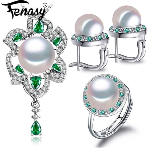 FENASY Pearl Jewelry Sets Pearl Pendant Necklace Bohemian 925 Sterling Silver Emerald Green Crystal Drop Earrings For Women Ring