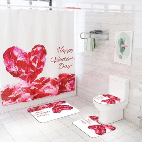 Love Pattern Rose Petal Shower Curtains for Bathroom Decoration Modern Bath Curtain Valentines Day Toilet Cover Bath Mat Set