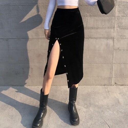 Women Trendy High Waist Side Slit Skirt Elegant Sexy Office Lady Long Skirts Velvet Grunge Punk Design Street Wear Outfits Black