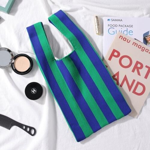 Women Bag Designer Woolen Knitting Stripe Tote Contrast Color Large Capacity Female Shopping Bag Shoulder Shopper Handbag