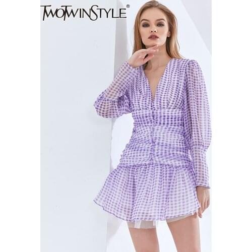 TWOTWINSTYLE Plaid Slim Dress For Women V Neck Puff Sleeve High Waist Ruched Oversized Dresses Female 2021 New Womens Clothing