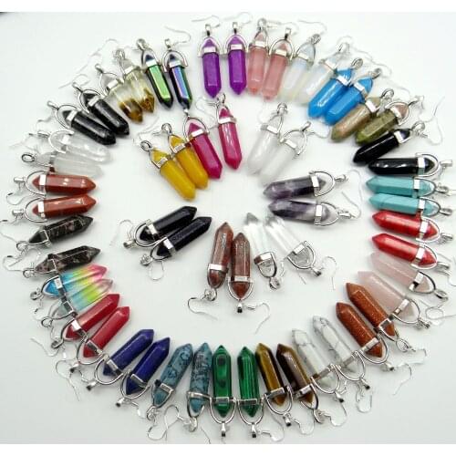 Natural stone lapis Quartz crystal Opal mix stone Hexagonal Reiki charms chakra Pendant Earring for women Fashion Jewelry 1 Pair