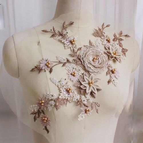 1Pc Gold Embroidery Pink Rayon Totem Lace Flower Patch Big Applique Wedding Lace Fabric Decoration