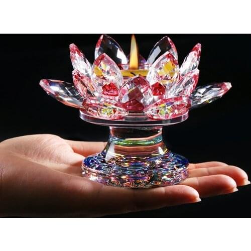 110 mm K9 Crystal Lotus Flower Figurine Miniature Fengshui Ornaments Buddhist Candlestick Holder Home Decor Accessories Modern