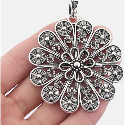 2PCS Antique Large Hollow Daisy Filigree Boho Flower Charms Pendants for Necklace Making Jewelry Findings 61x61mm