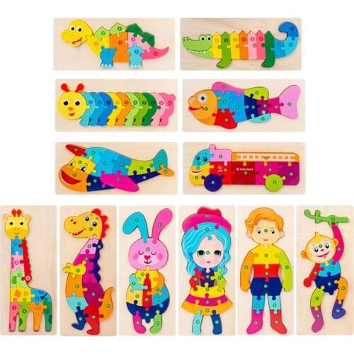 Montessori Cartoon Animal Buckle 3D Puzzle Kid Early Educational Wooden Jigsaw Toys Enrich Imagination Exercise Hands-on Ability